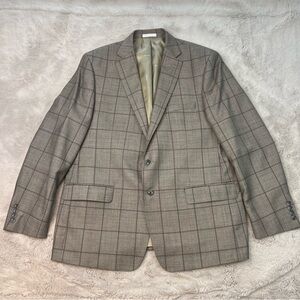 Calvin Klein Sport Coat Blazer Mens 48R Tan Checkered Wool Blend Suit Jacket